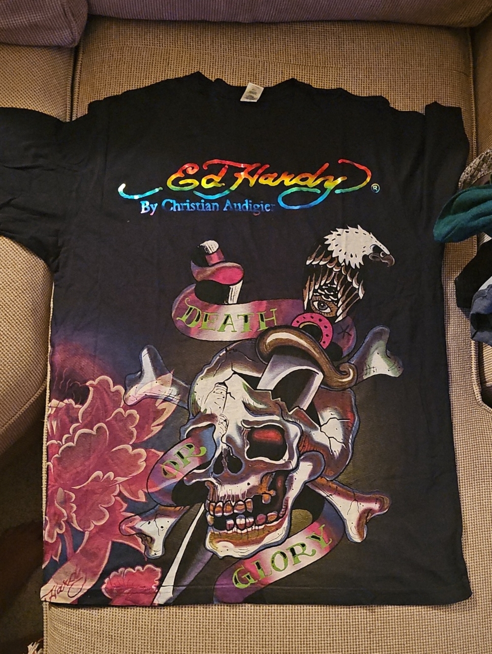 Ed Hardy Black Short-Sleeve Tee with Multicolor Skull & Eagle Graphic